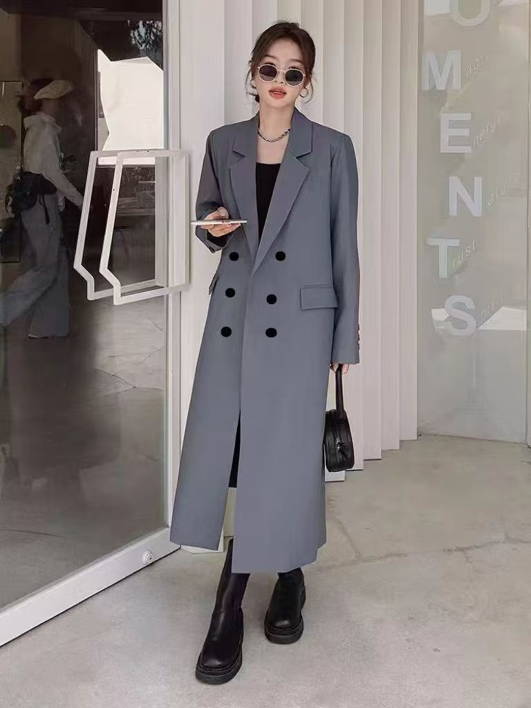 Trench-coat long noir pour femme, printemps et automne