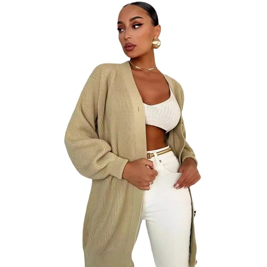 Cardigan tricoté polyvalent et décontracté à col en V, de couleur unie, style européen et américain, pour le début de l'automne