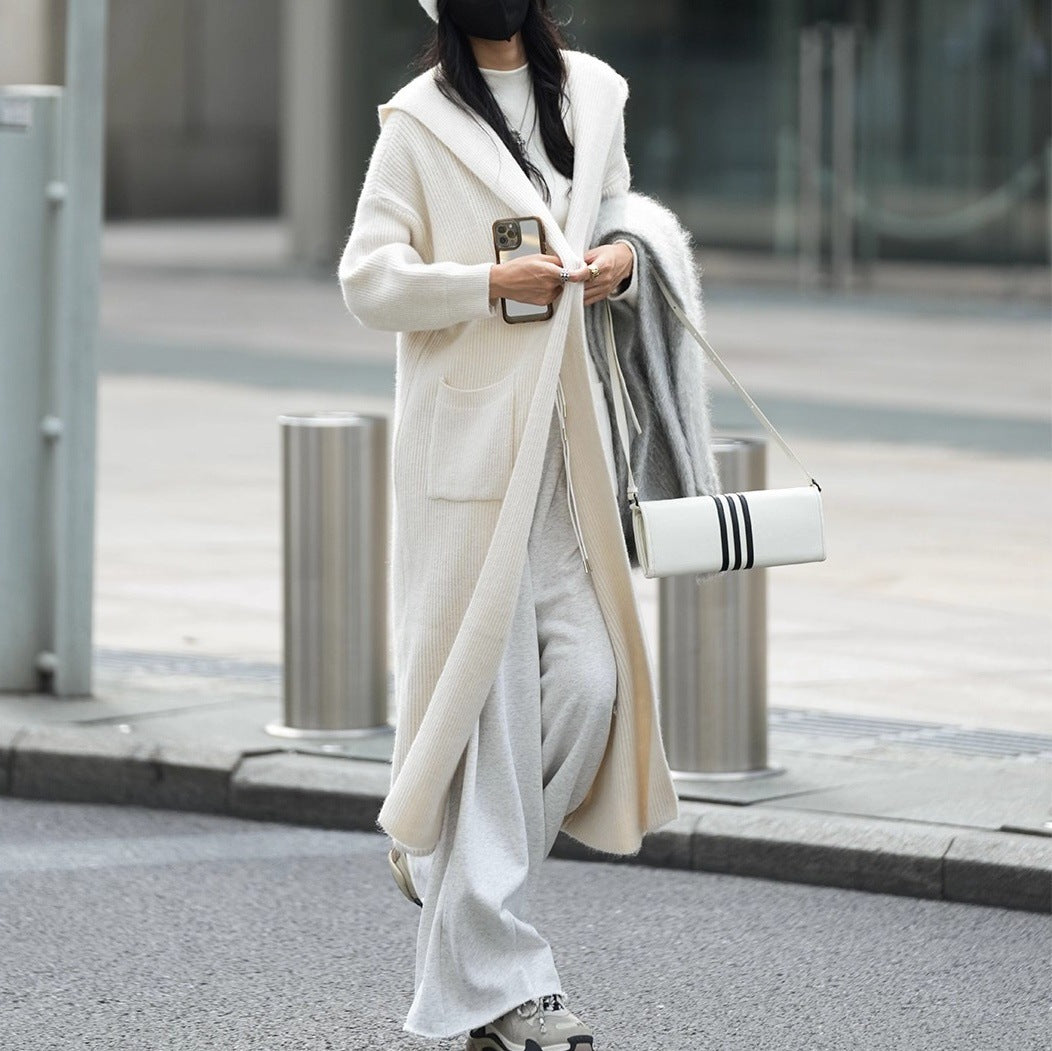 Cardigan long tricoté pour femme, pull à capuche, trench-coat