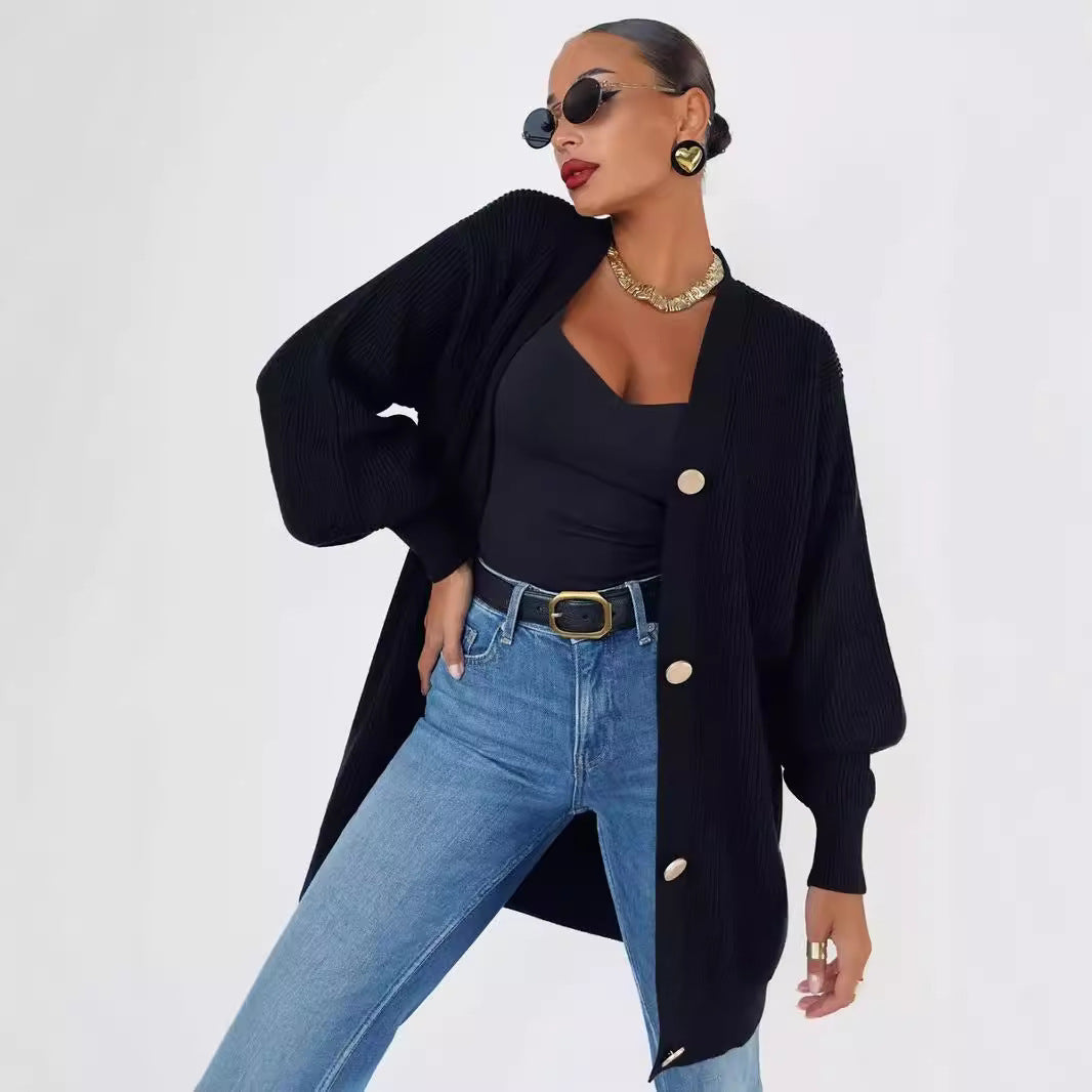 Cardigan tricoté polyvalent et décontracté à col en V, de couleur unie, style européen et américain, pour le début de l'automne