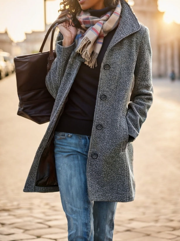 Manteau décontracté en tweed pour femme - Couleur unie, mi-long, silhouette en H, boutonné sur le devant, manches longues