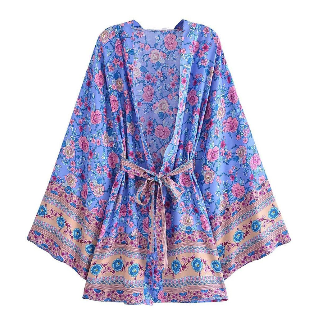 Cardigan veste kimono à ceinture et imprimé bohème en rayonne