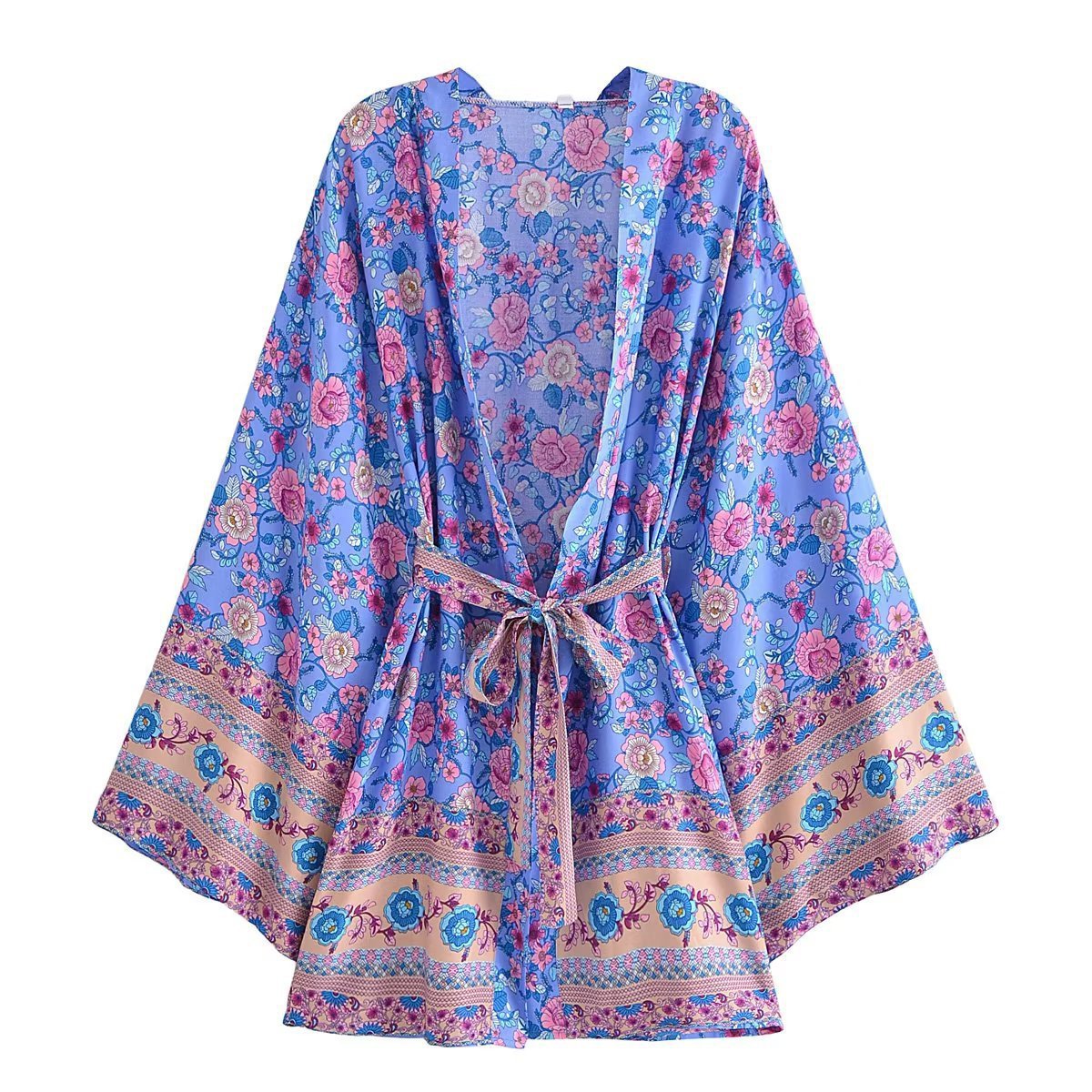 Cardigan veste kimono à ceinture et imprimé bohème en rayonne