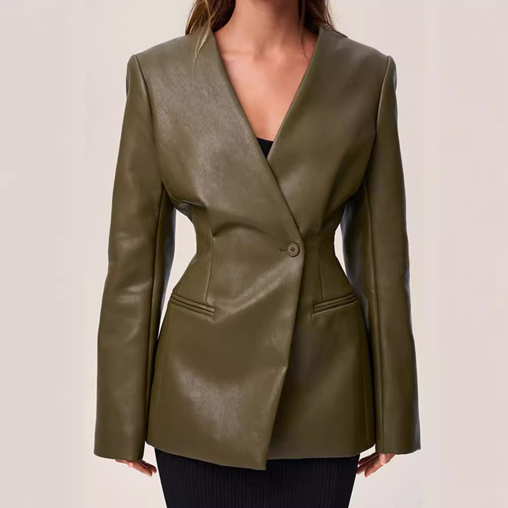 Manteau en cuir slim vert élégant à col en V