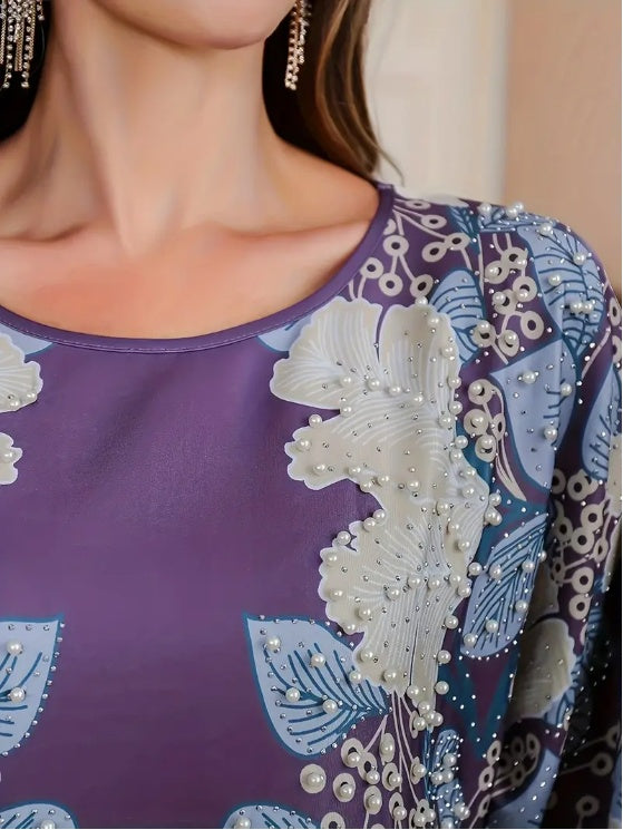 Elegant Floral Print Long Sleeve Abaya Dress