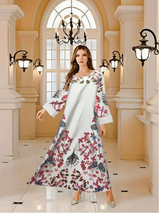 Elegant Floral Print Long Sleeve Abaya Dress