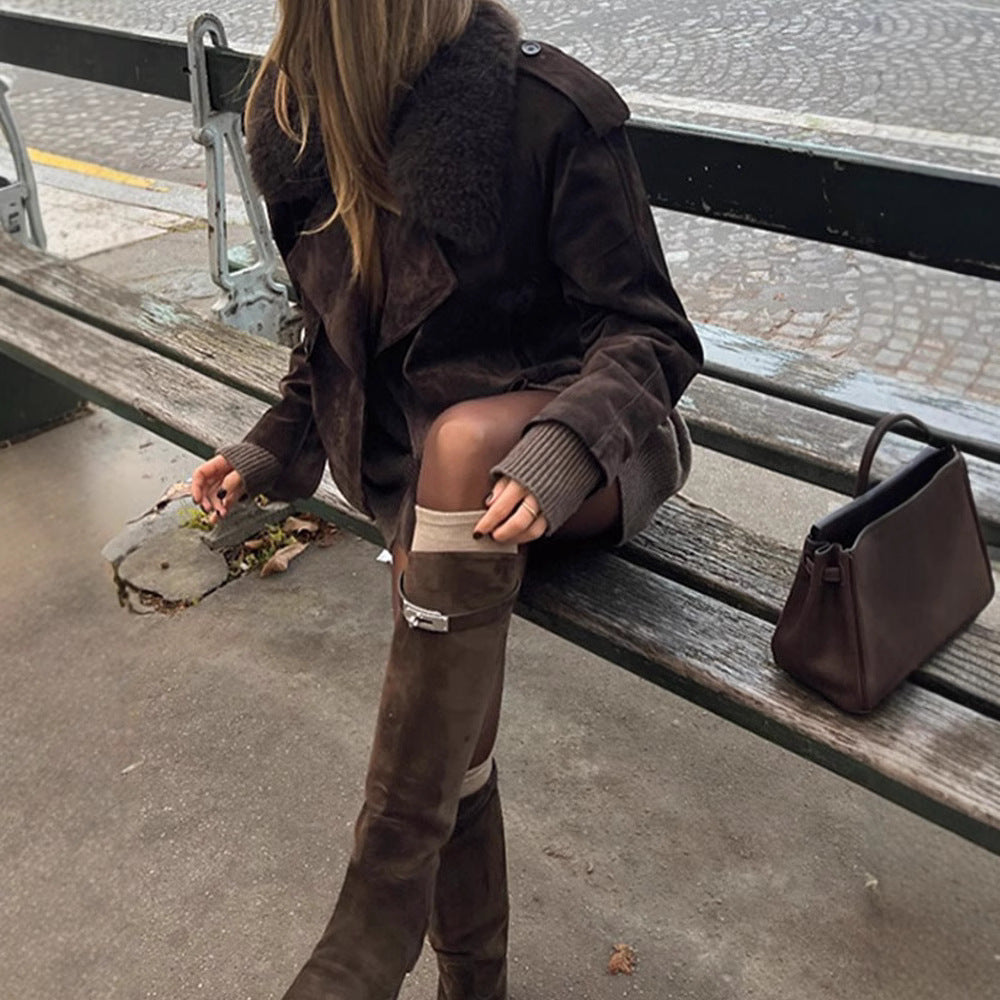 Veste de moto confortable et ample à manches longues en daim à revers