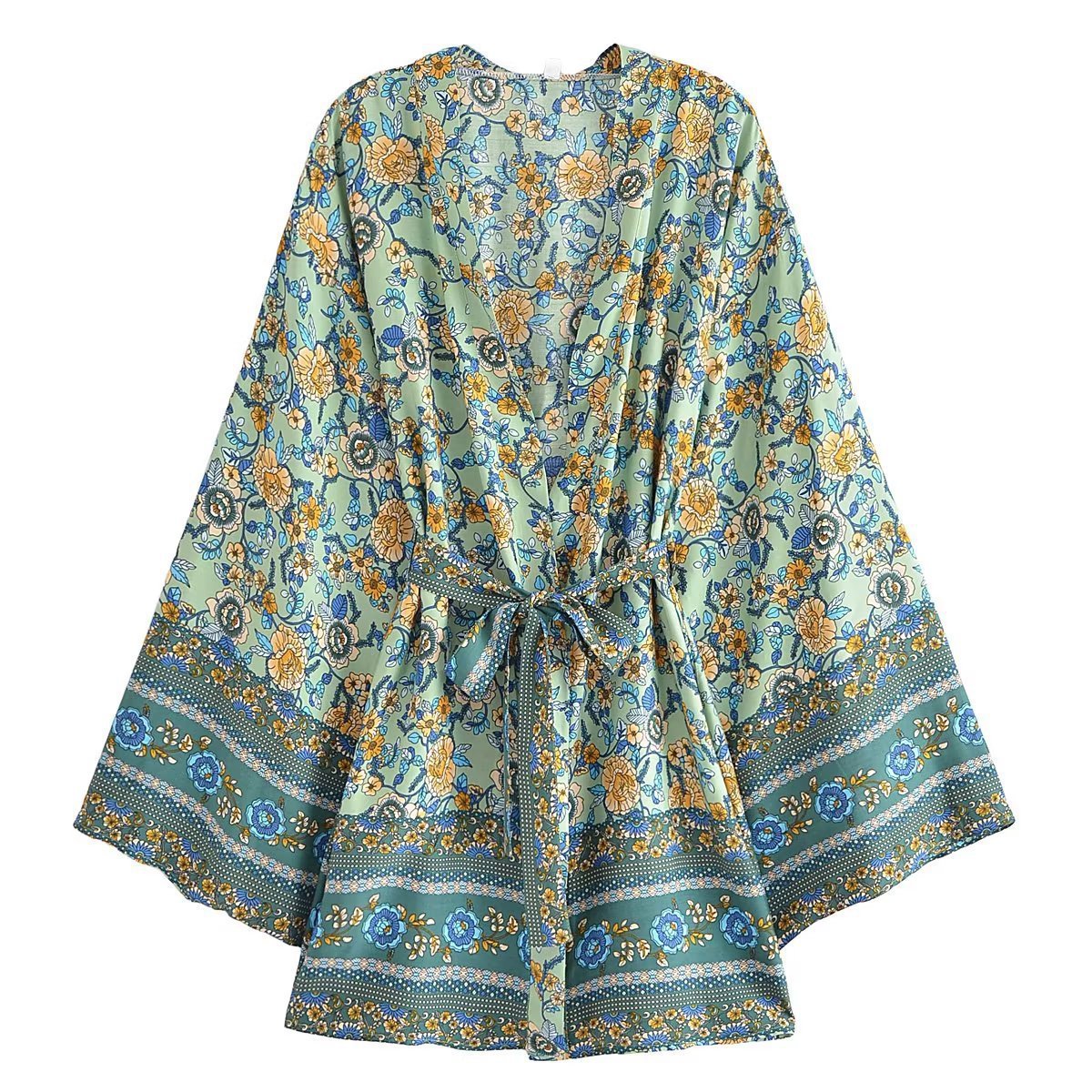 Cardigan veste kimono à ceinture et imprimé bohème en rayonne