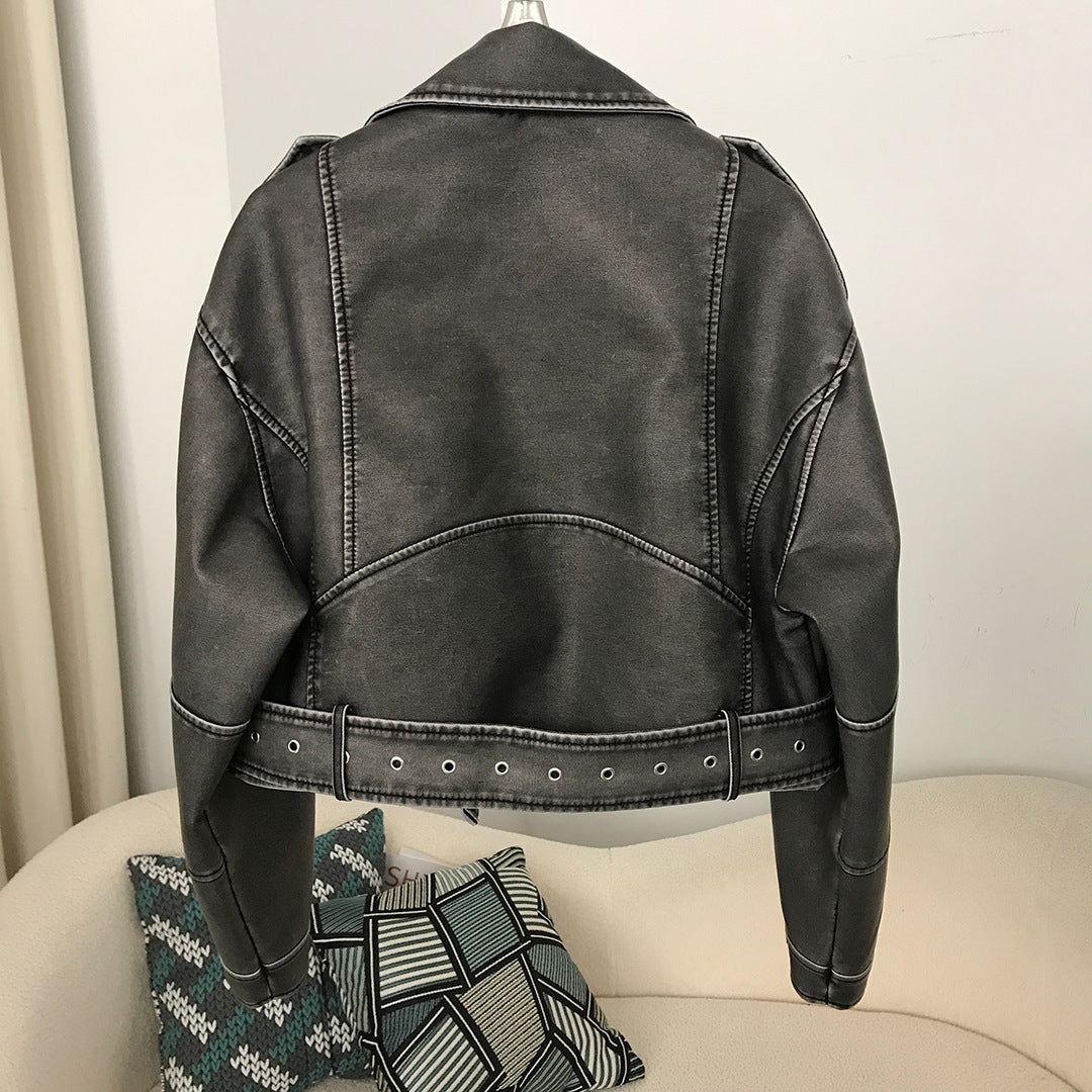 Veste de moto en cuir délavé bicolore pour femme, style européen et américain, printemps et automne
