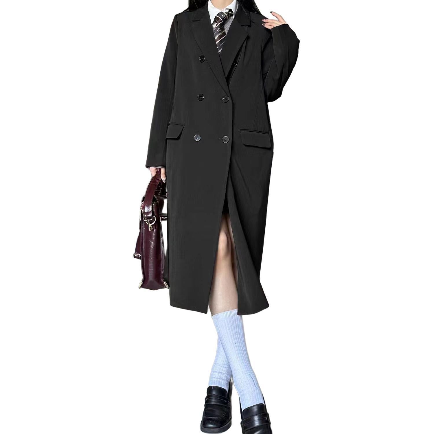 Trench-coat long noir pour femme, printemps et automne