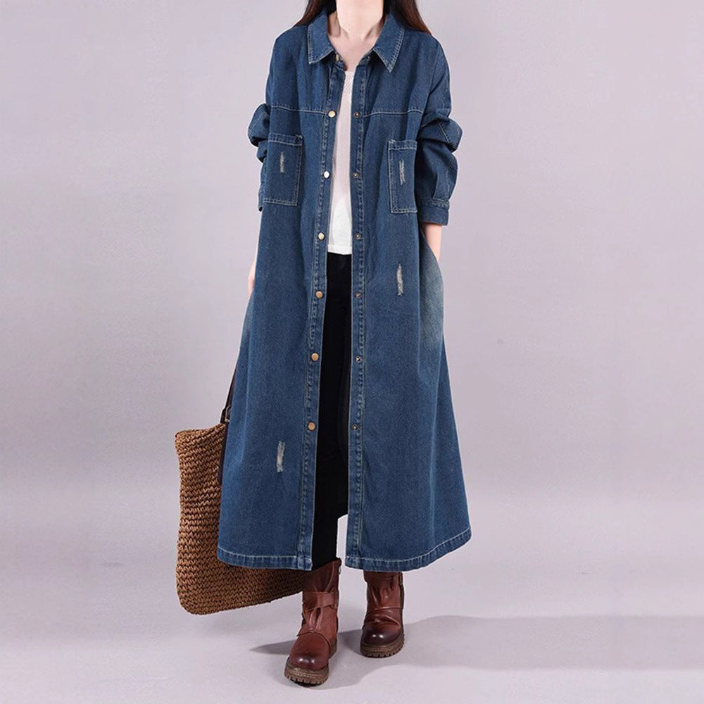 Trench-coat en jean ample style rétro mi-long