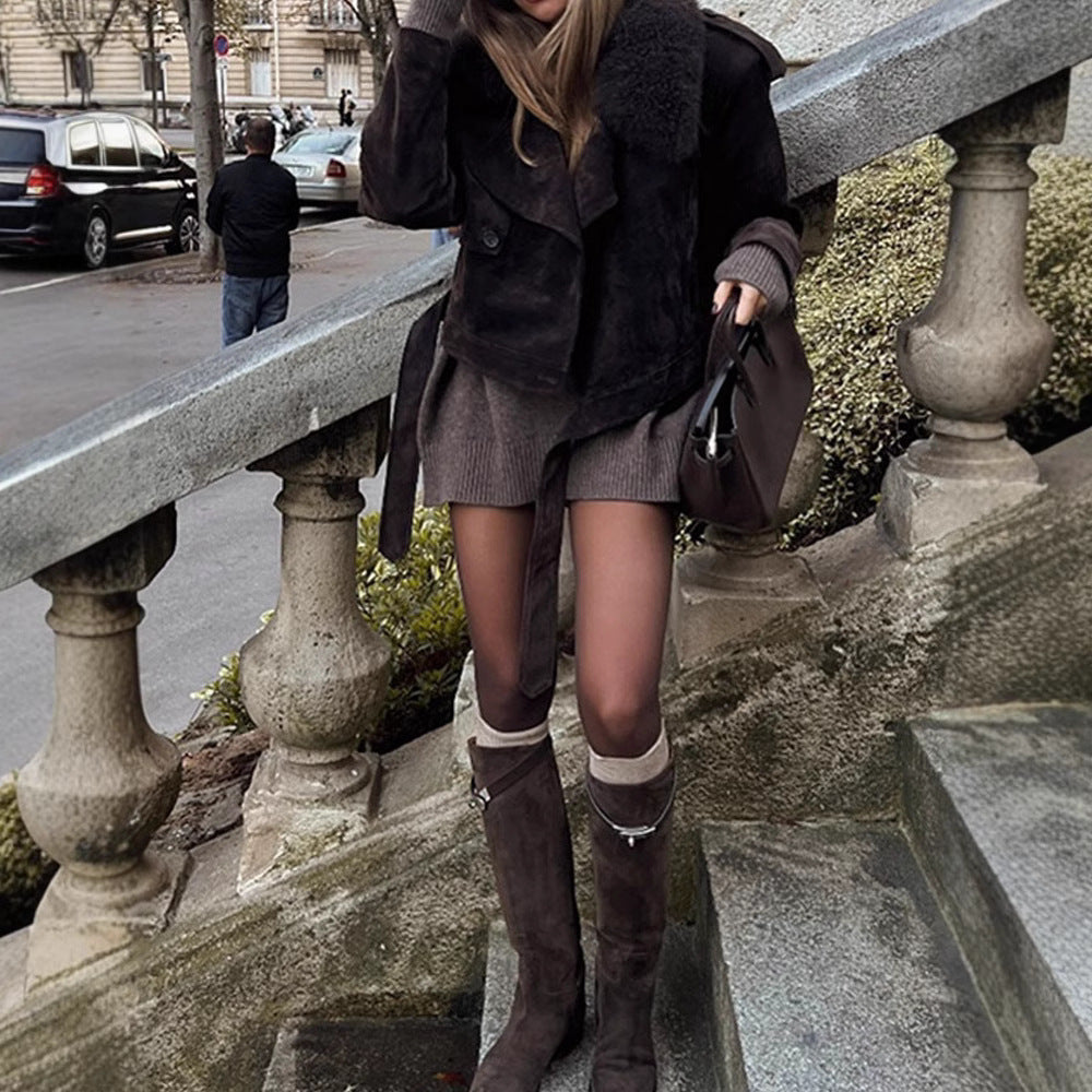 Veste de moto confortable et ample à manches longues en daim à revers