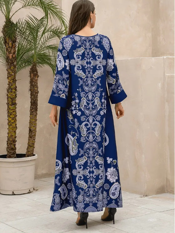 Elegant Floral Print Long Sleeve Abaya Dress