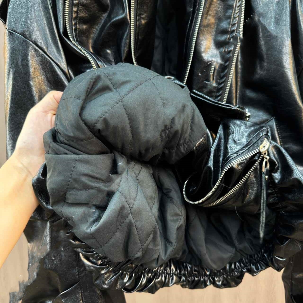 Veste en cuir PU à revers avec fermeture éclair et bouton, veste rembourrée en coton