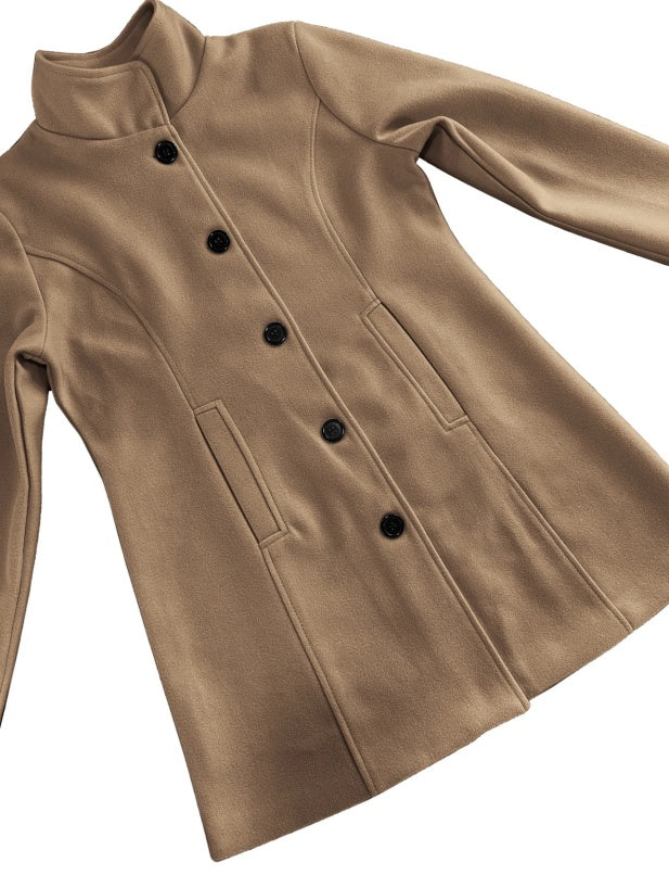 Manteau décontracté en tweed pour femme - Couleur unie, mi-long, silhouette en H, boutonné sur le devant, manches longues