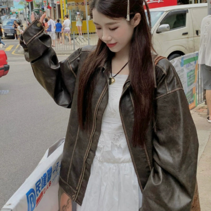 Manteau en cuir marron rétro vintage américain doux et cool