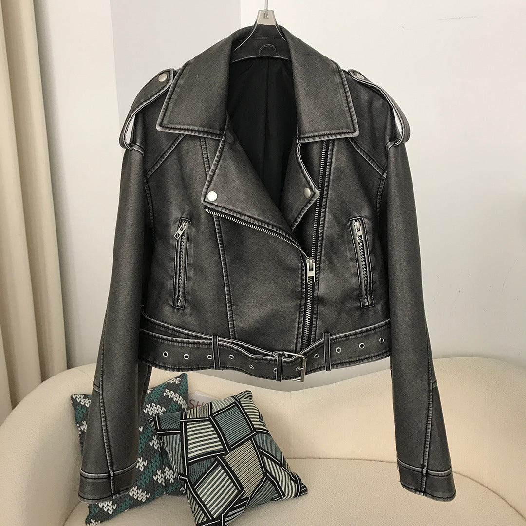 Veste de moto en cuir délavé bicolore pour femme, style européen et américain, printemps et automne