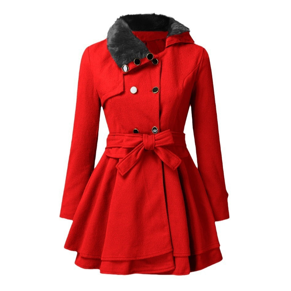 Manteau à col en fourrure pour femme, trench-coat croisé avec grande jupe