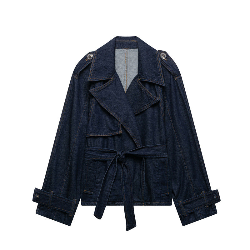 Trench-coat en jean court et large avec ceinture bleue française