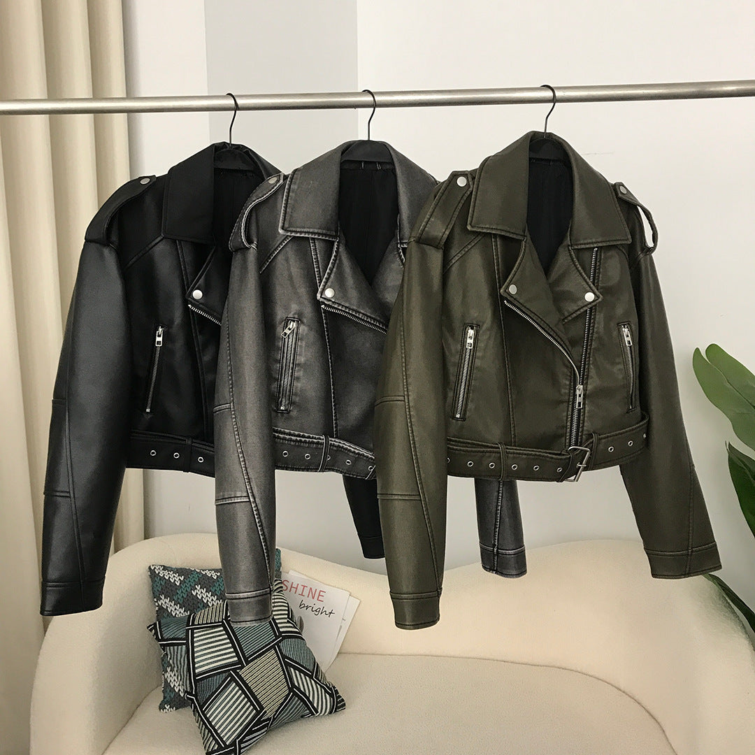 Veste de moto en cuir délavé bicolore pour femme, style européen et américain, printemps et automne