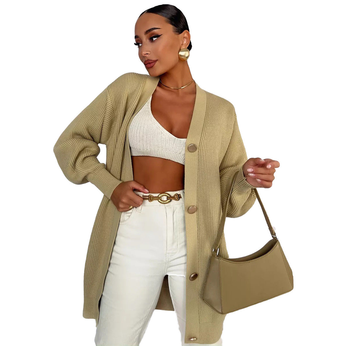 Cardigan tricoté polyvalent et décontracté à col en V, de couleur unie, style européen et américain, pour le début de l'automne