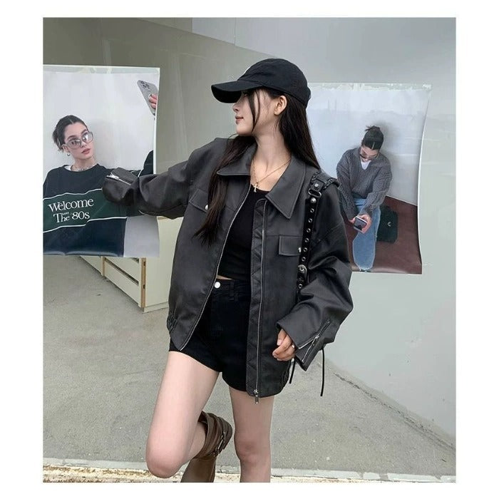 Manteau ample en cuir de couleur unie, style rétro américain décontracté pour femme