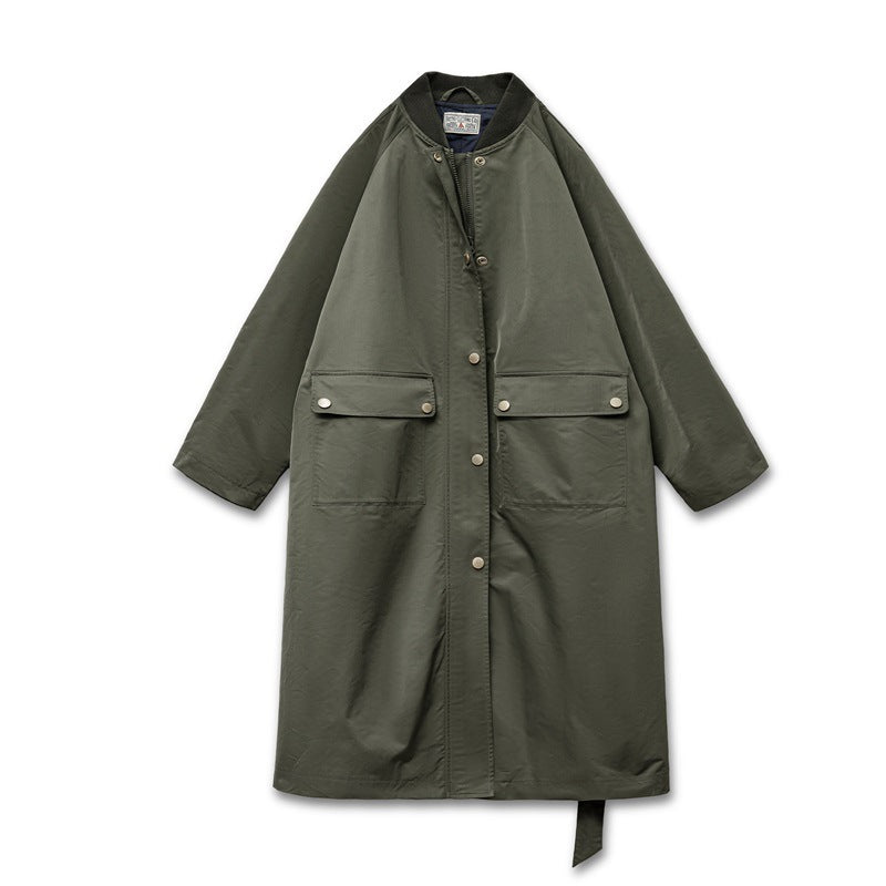 Trench-coat rétro vert olive mi-long ample pour femme