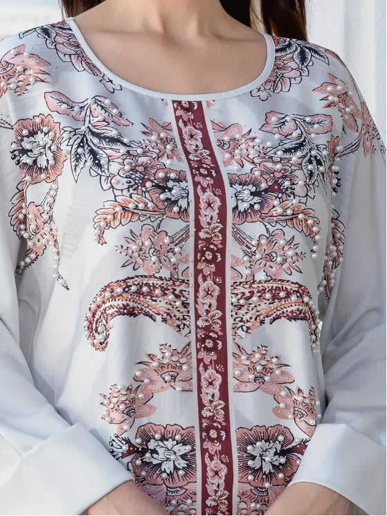 Elegant Floral Print Long Sleeve Abaya Dress