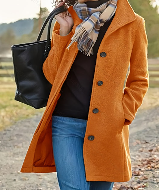 Manteau décontracté en tweed pour femme - Couleur unie, mi-long, silhouette en H, boutonné sur le devant, manches longues