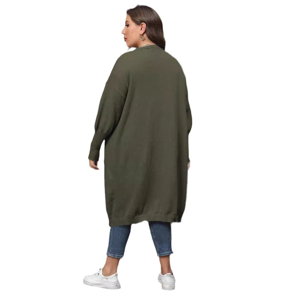 Cardigan mi-long tissé Love pour femme, grande taille, à double poche et manches lanternes