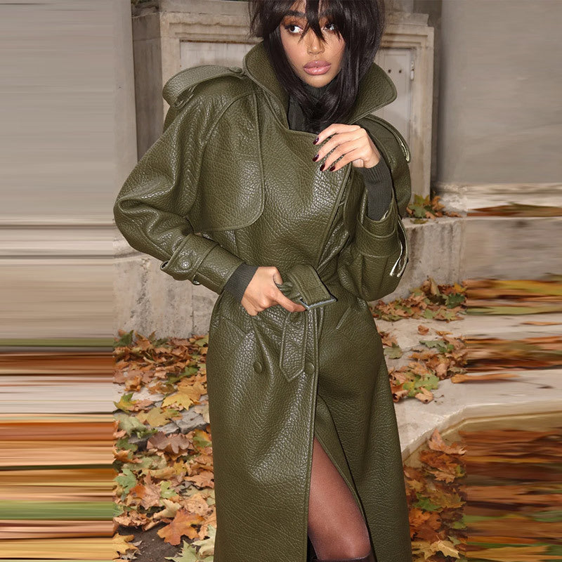 Manteau en cuir élégant et long pour femme, vêtement d'automne et d'hiver