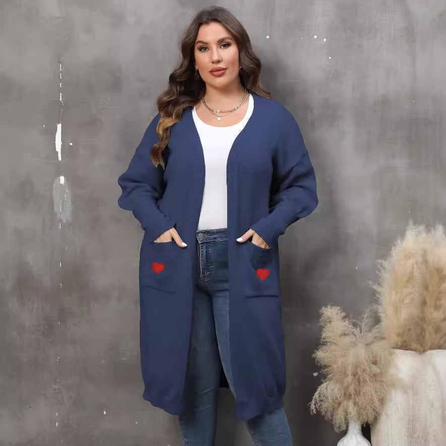 Cardigan mi-long tissé Love pour femme, grande taille, à double poche et manches lanternes