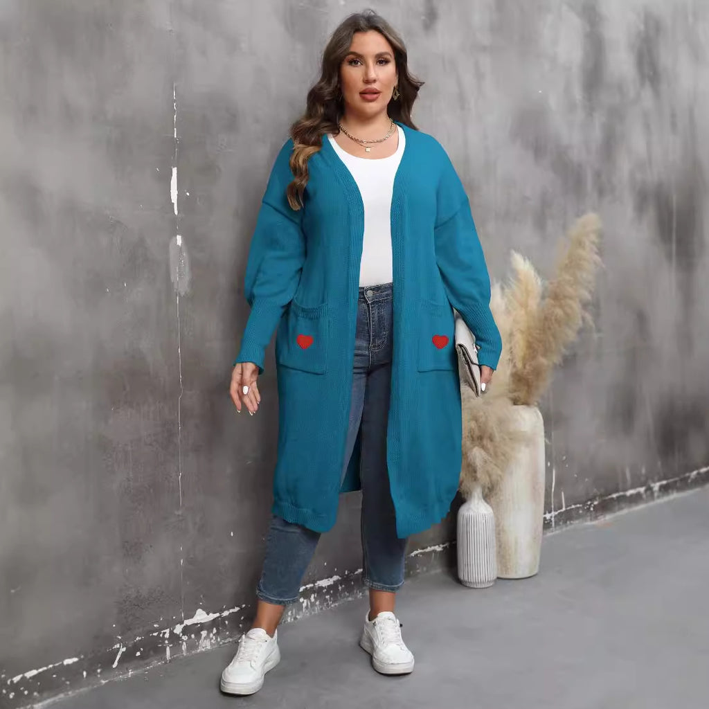 Cardigan mi-long tissé Love pour femme, grande taille, à double poche et manches lanternes