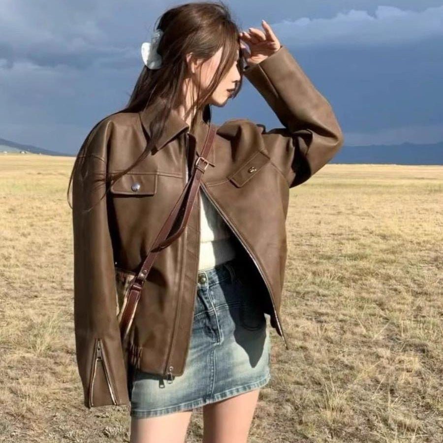 Manteau ample en cuir de couleur unie, style rétro américain décontracté pour femme