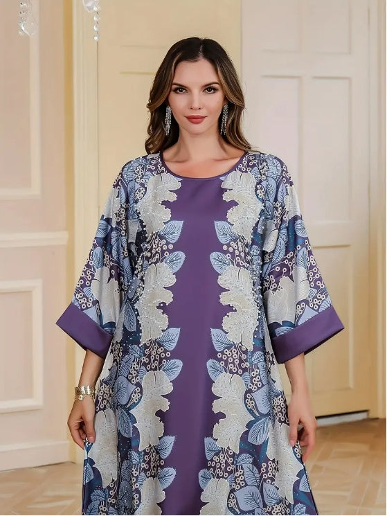 Elegant Floral Print Long Sleeve Abaya Dress
