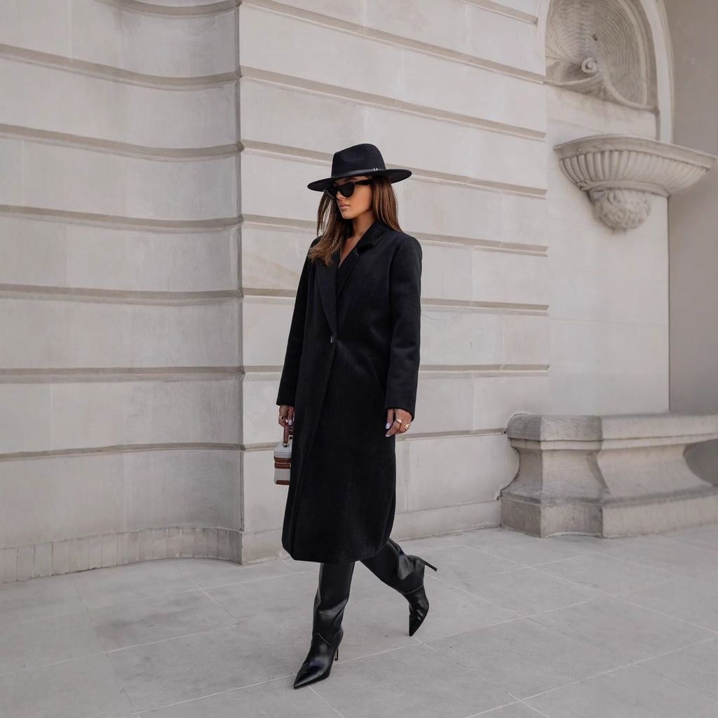 Manteau mi-long en laine simple et uni à manches longues