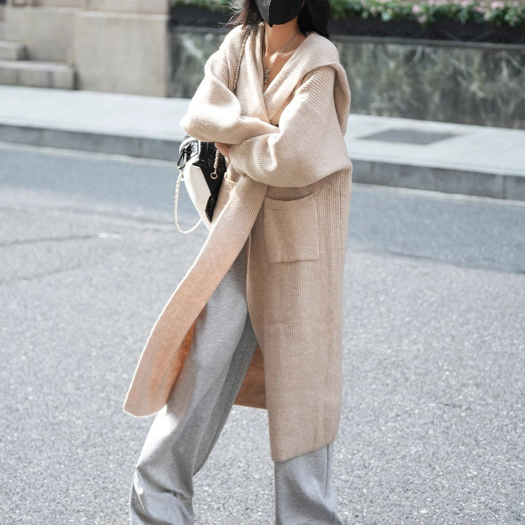 Cardigan long tricoté pour femme, pull à capuche, trench-coat