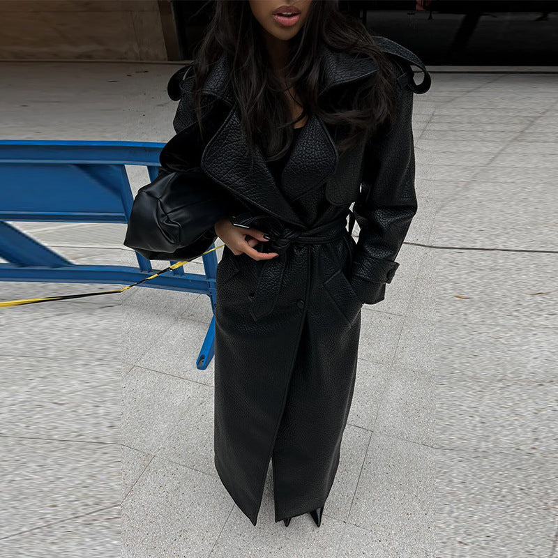 Manteau en cuir élégant et long pour femme, vêtement d'automne et d'hiver