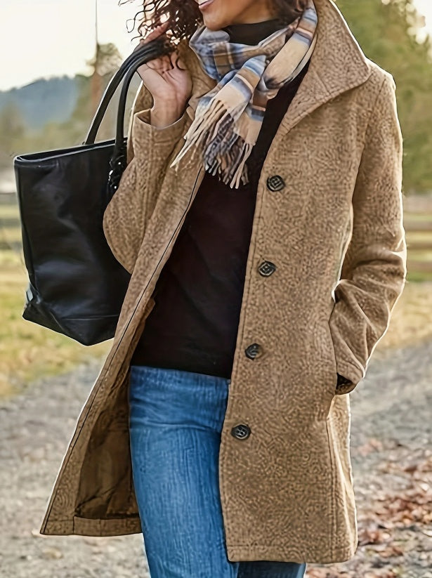 Manteau décontracté en tweed pour femme - Couleur unie, mi-long, silhouette en H, boutonné sur le devant, manches longues