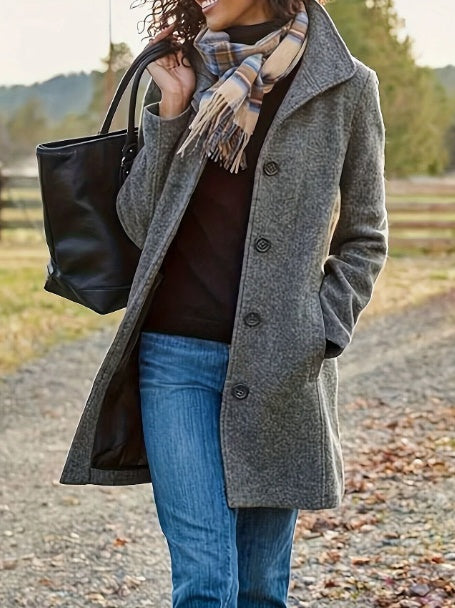 Manteau décontracté en tweed pour femme - Couleur unie, mi-long, silhouette en H, boutonné sur le devant, manches longues