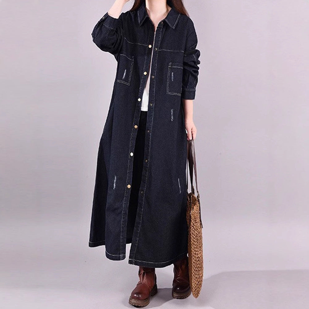 Trench-coat en jean ample style rétro mi-long