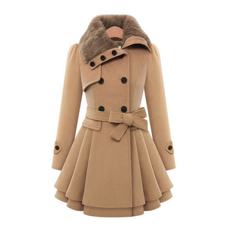 Manteau à col en fourrure pour femme, trench-coat croisé avec grande jupe