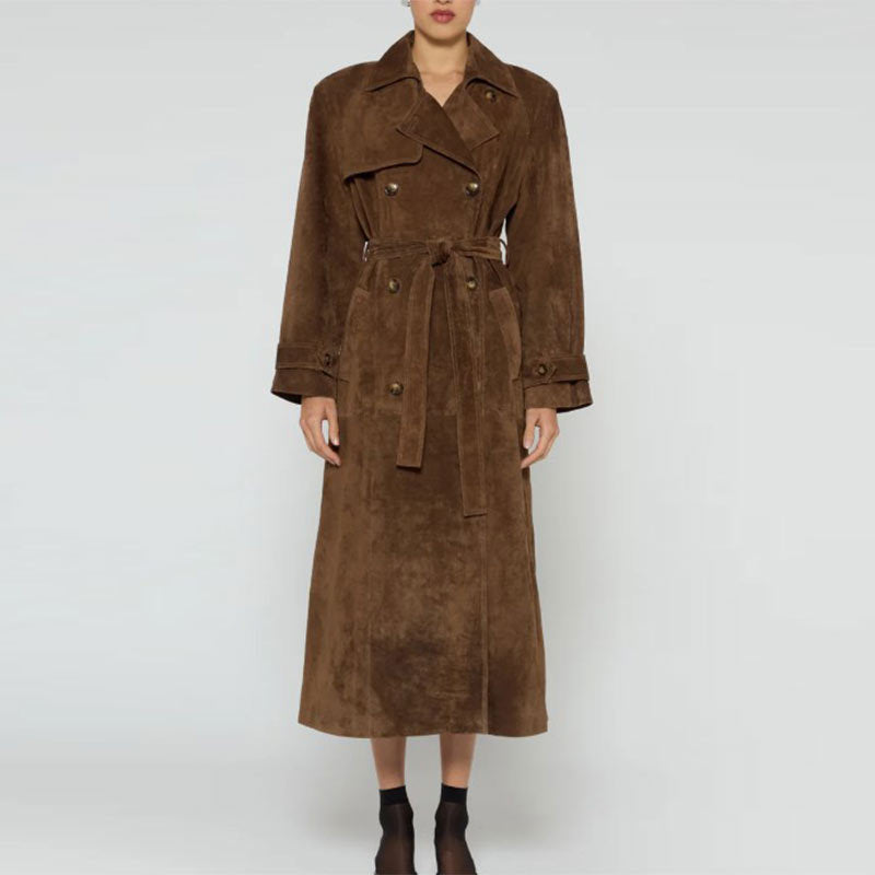 Trench-coat long à lacets et taille ajustée, élégant manteau croisé pour femme