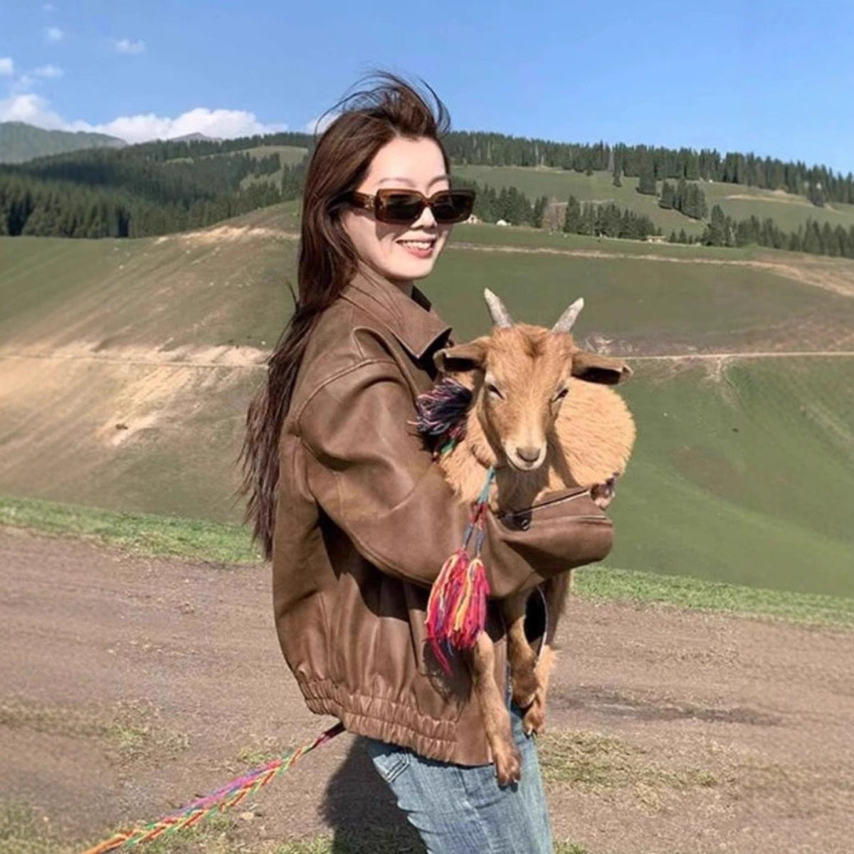 Manteau ample en cuir de couleur unie, style rétro américain décontracté pour femme