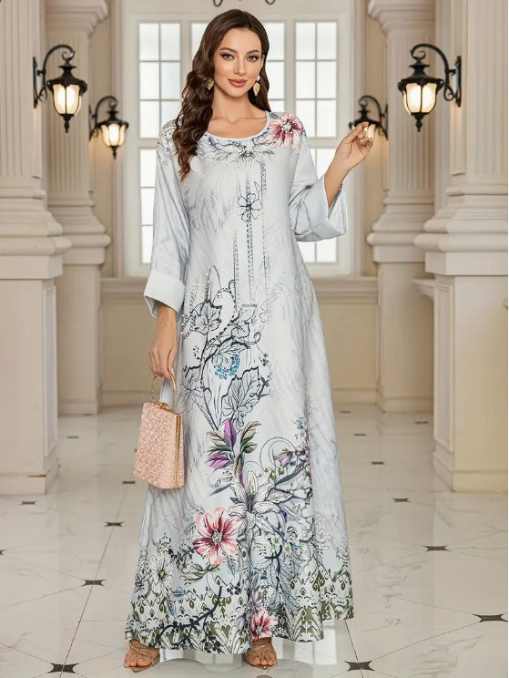 Elegant Floral Print Long Sleeve Abaya Dress