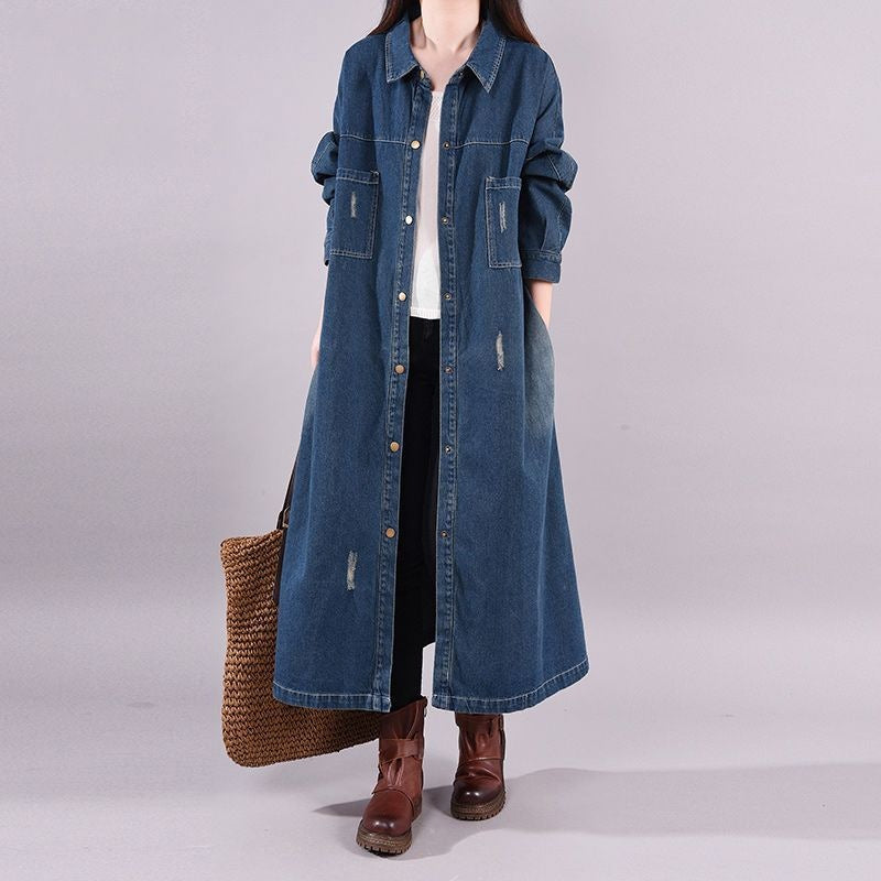 Trench-coat en jean ample style rétro mi-long