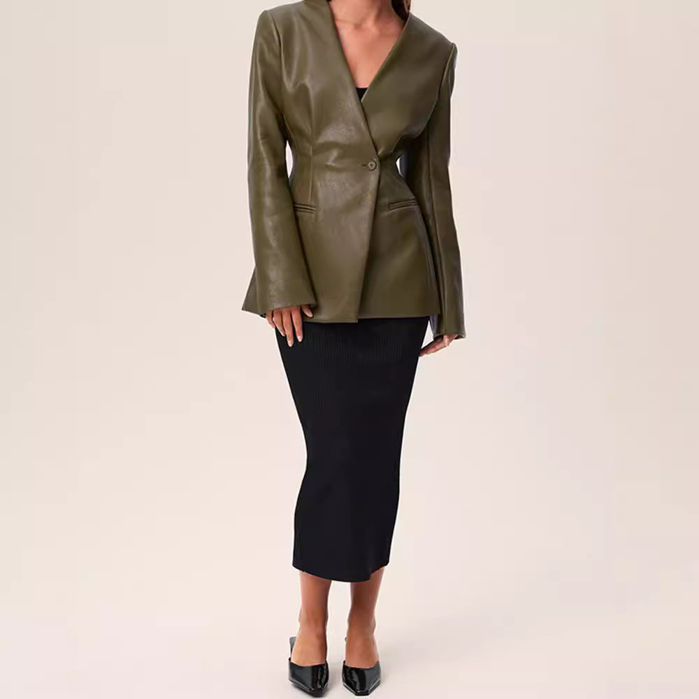 Manteau en cuir slim vert élégant à col en V
