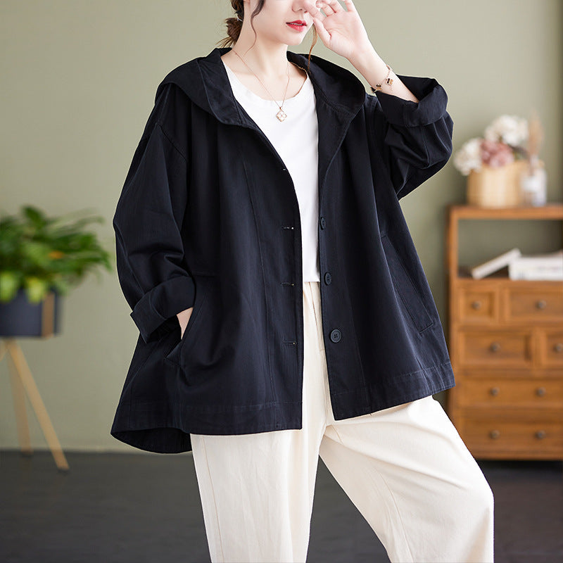Manteau ample à capuche pour femme, style rétro kaki, décontracté, en coton, coutures artistiques