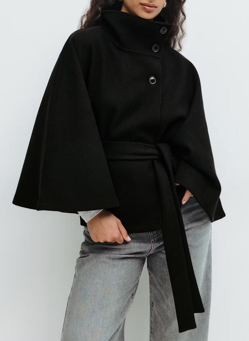 Manteau d'hiver à col montant et manches chauve-souris avec ceinture, trench-coat ample et élégant à boutons pour femme