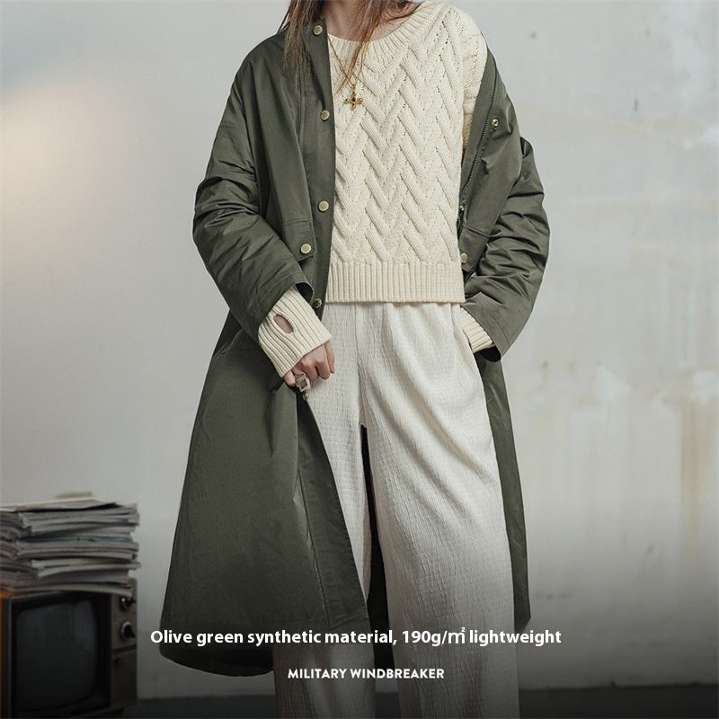 Trench-coat rétro vert olive mi-long ample pour femme